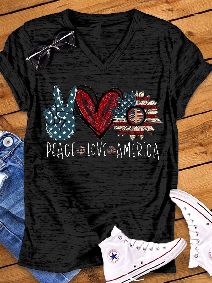Women's V-neck PEACE LOVE AMERICAN Flag Printed Short Sleeve T-shirt