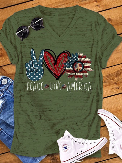 Women's V-neck PEACE LOVE AMERICAN Flag Printed Short Sleeve T-shirt