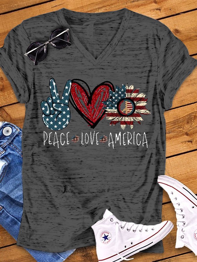 Women's V-neck PEACE LOVE AMERICAN Flag Printed Short Sleeve T-shirt