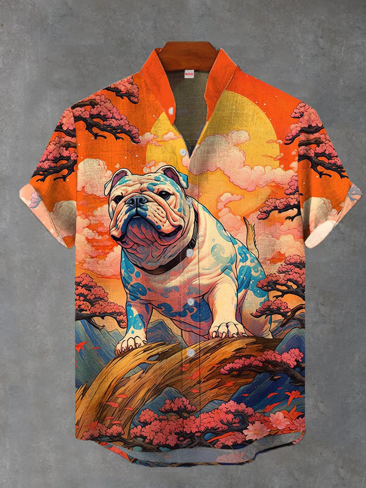 Ukiyo-e Bulldog Behemoth Printing Cotton Linen Short Sleeve Shirt