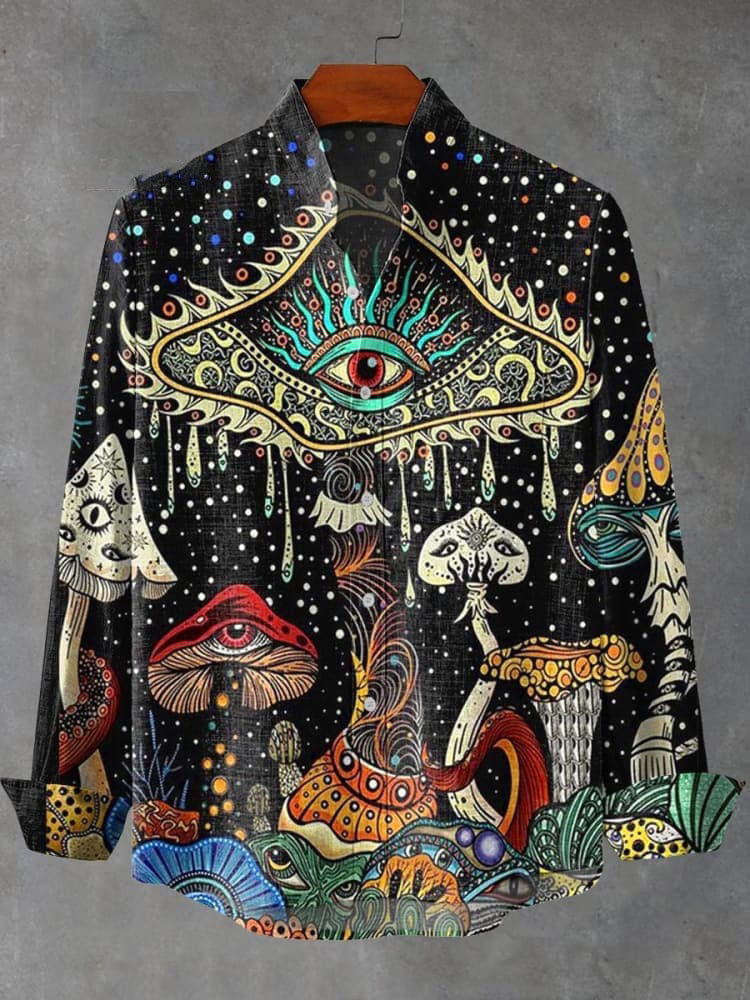 Vintage Psychedelic Eyes Mushroom Art Print Casual  Shirt