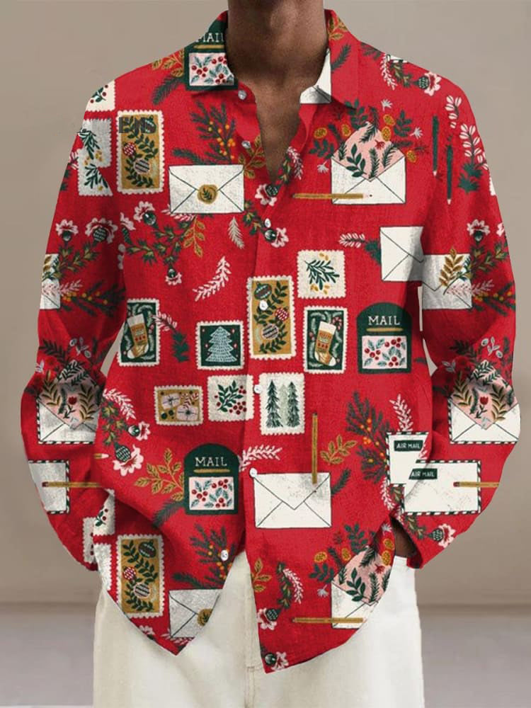 Merry Christmas Retro Stamp Envelope Print  Long Sleeve Shirt