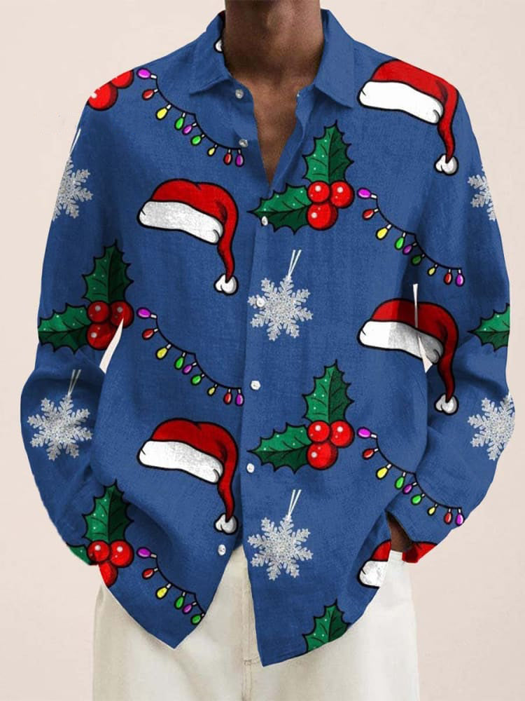 Men's Vintage Christmas Santa Hat Textured Print Long Sleeve Shirt