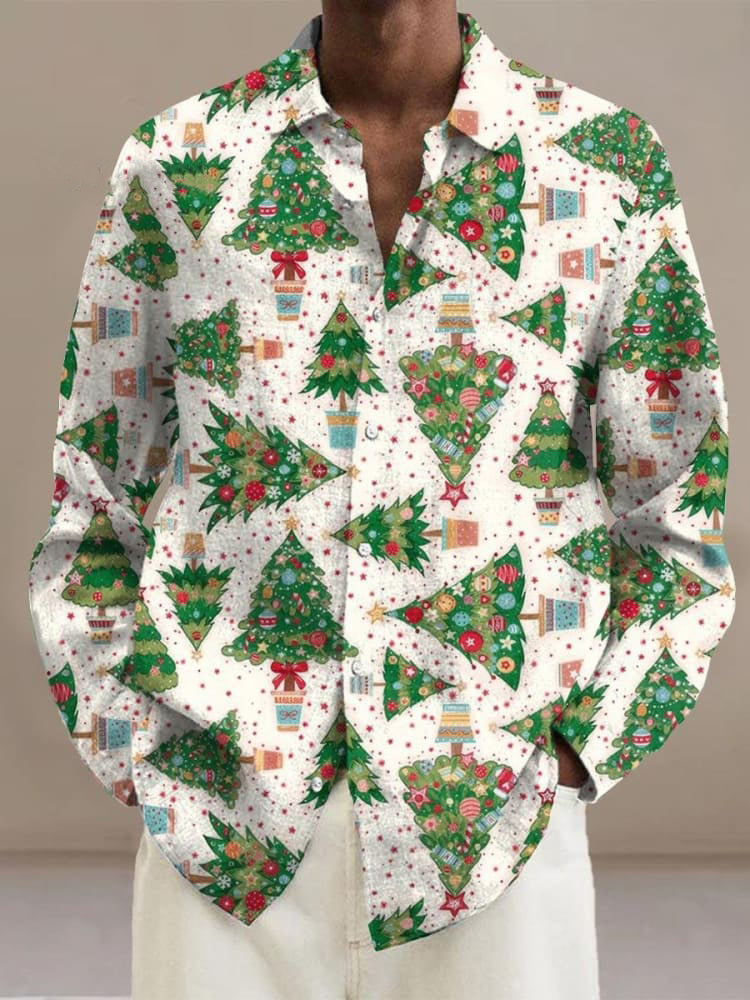 Retro Christmas Tree Print  Long Sleeve Shirt