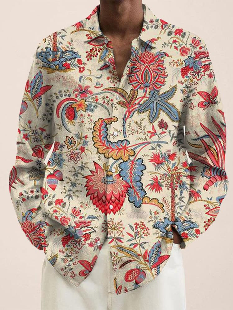 Men's Vintage Flower and Branch Print  Long Sleeve Shirt