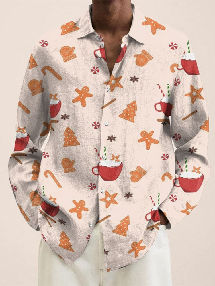 Christmas Gingerbread Man and Hot Cocoa Decorative Pattern Long Sleeve Shirt