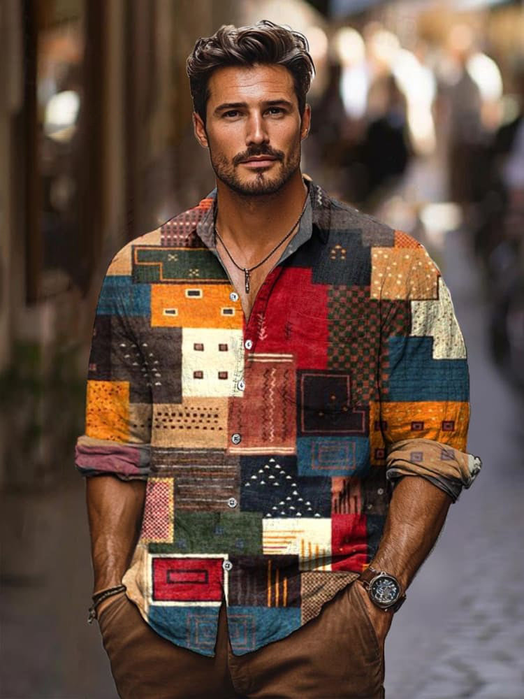 Vintage Fabric Patchwork Plaid Art Print Long Sleeve Shirt