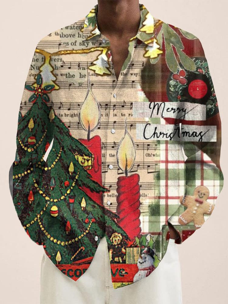 Christmas Collage Vintage Stripes Print Long Sleeve Shirt