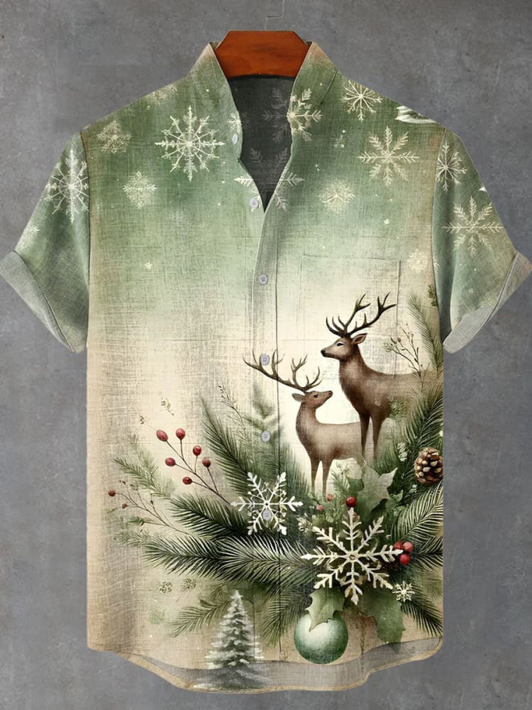 Vintage Christmas Flowers Elk Print Casual Shirt