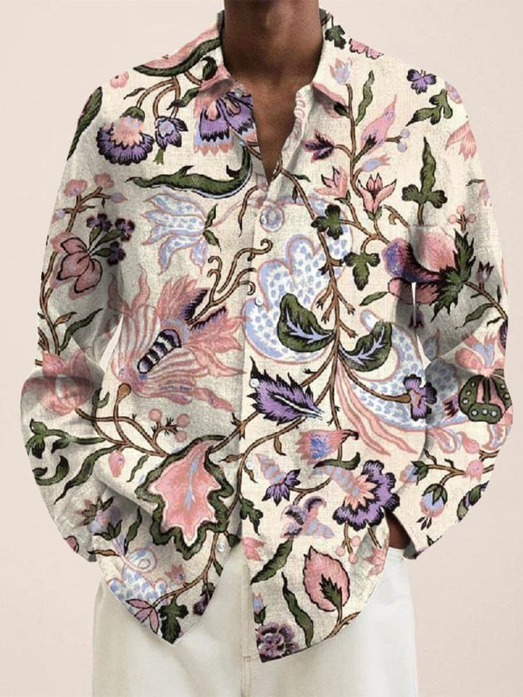 Men's Vintage Flower and Branch Print  Long Sleeve Shirt