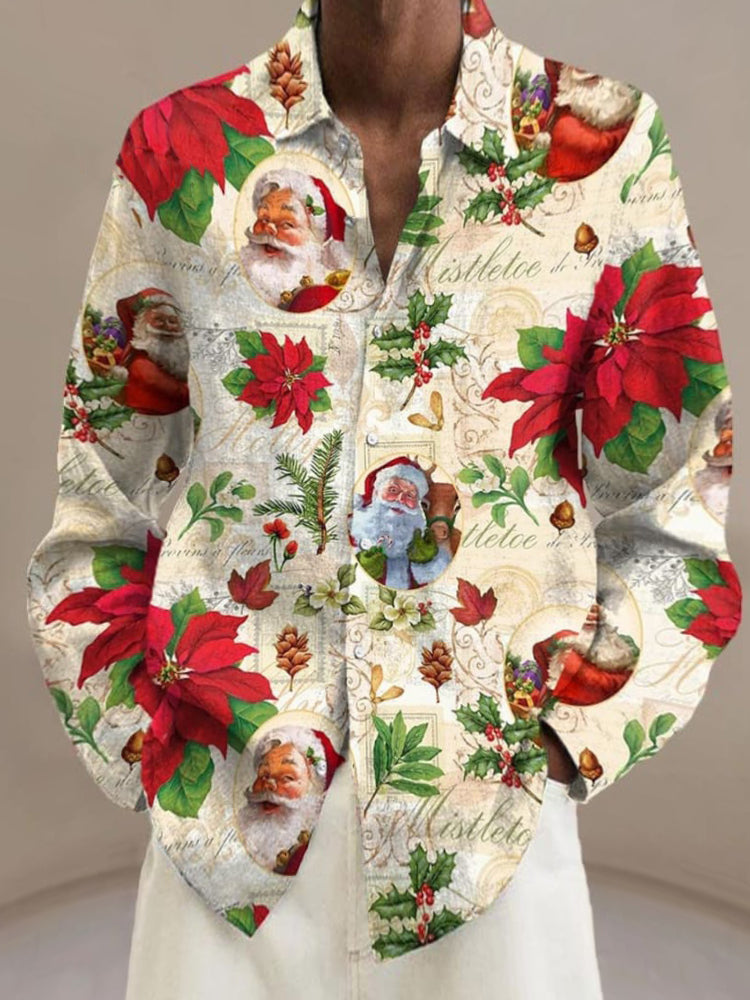 Christmas Vintage Pine Cone Poinsettia Mistletoe Print Long Sleeve Shirt