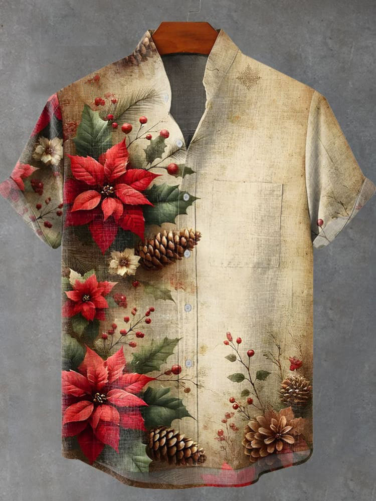 Vintage Christmas Flowers Print Casual Shirt