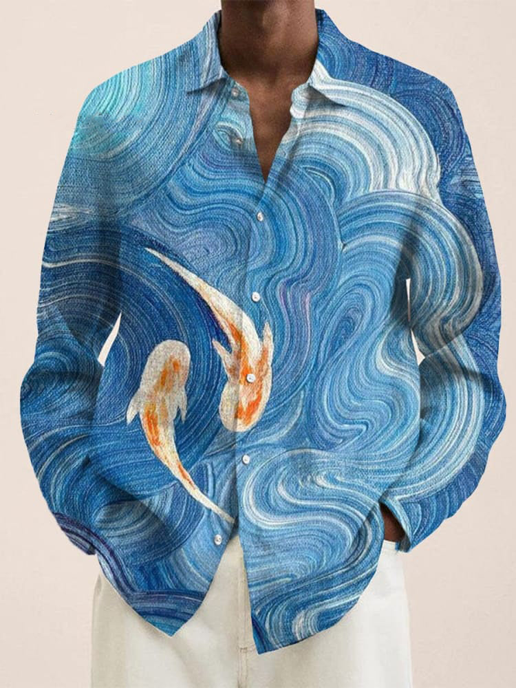 Vintage Goldfish Wave Ripple Oil Painting Stripe Print Long Sleeve Shirt