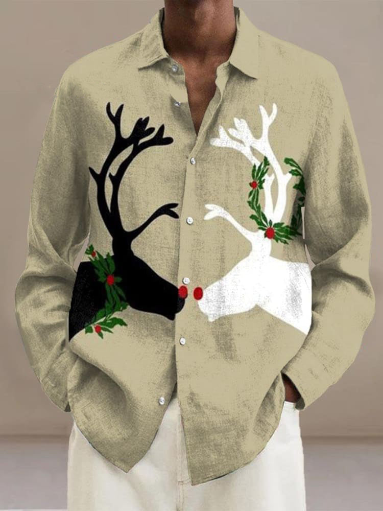 Merry Christmas Retro Garland Reindeer Print  Long Sleeve Shirt