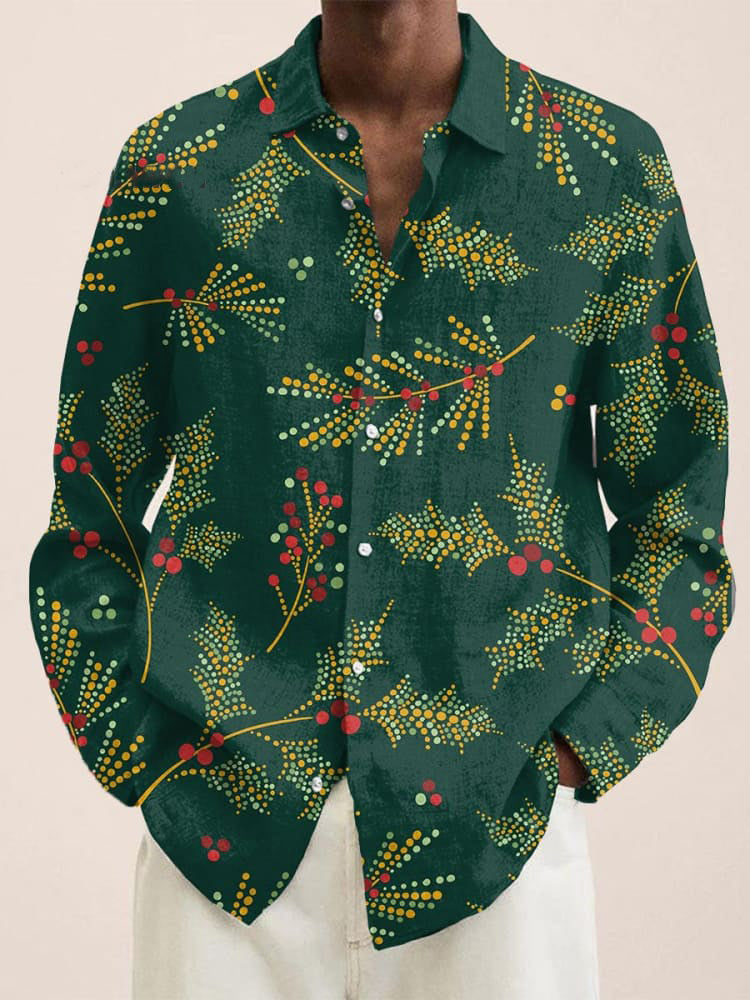 Retro Christmas Leaves Art Vintage Stripe Print Long Sleeve Shirt