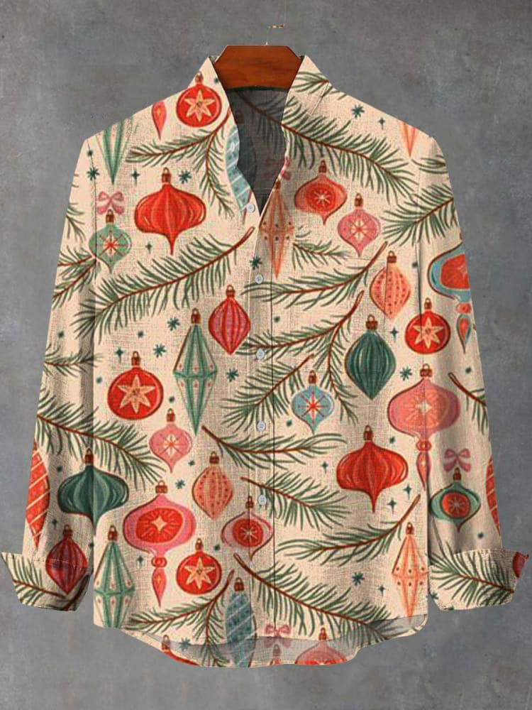 Christmas Coniferous Vintage Ornaments Snow Print Long Sleeve Shirt