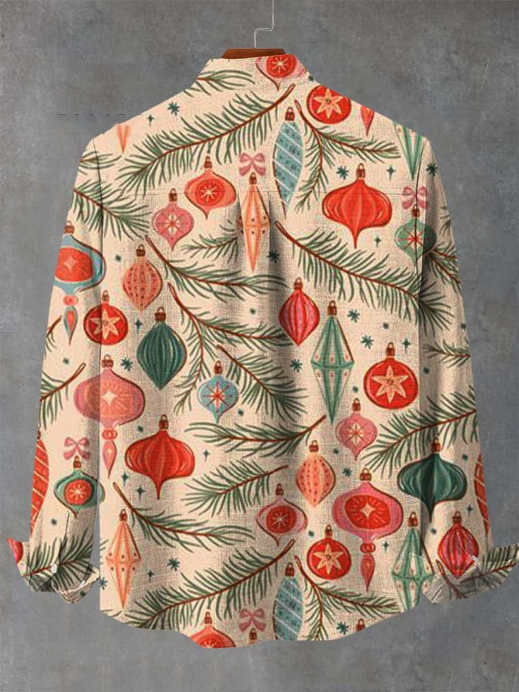 Christmas Coniferous Vintage Ornaments Snow Print Long Sleeve Shirt