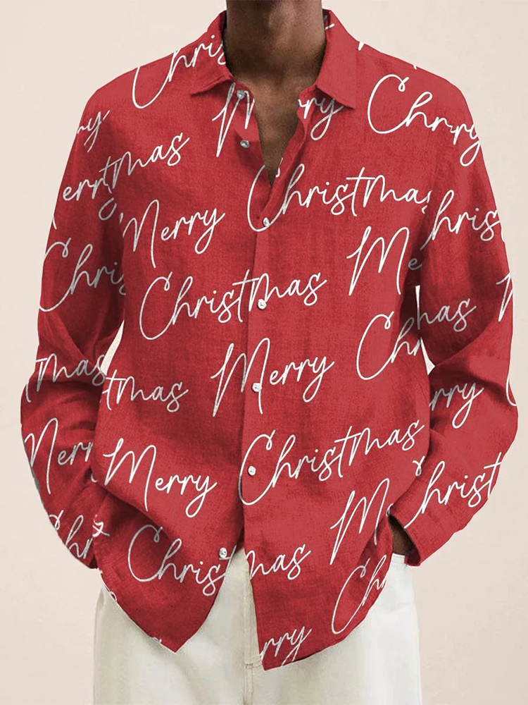 Christmas Decorative Pattern with White Text On Red Background Long Sleeve Shirt