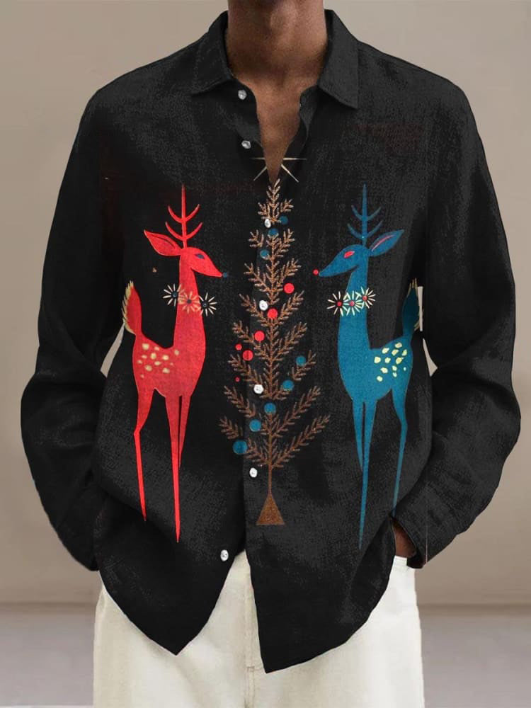 Merry Christmas Retro Christmas Tree Reindeer Print  Long Sleeve Shirt