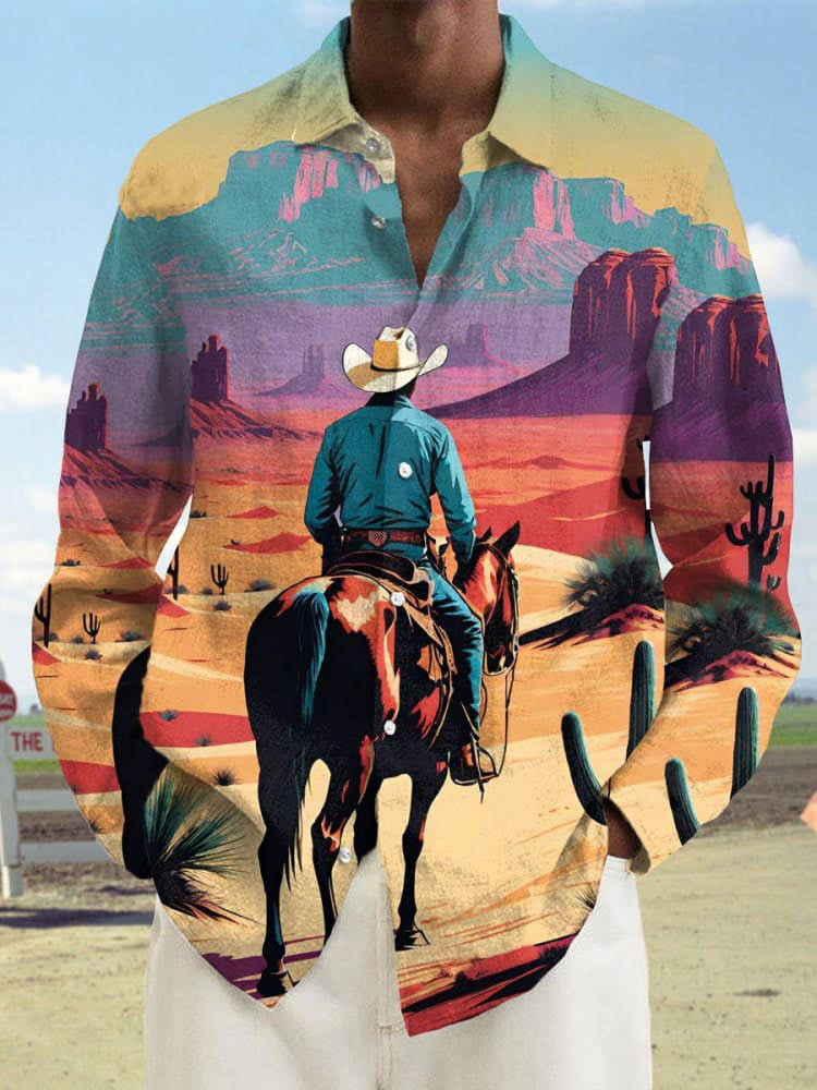 Vintage Western Cowboy Sunset Art Print  Long Sleeve Shirt