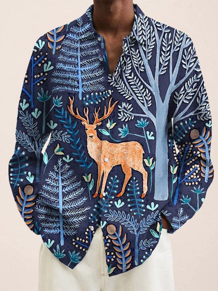 Men's Vintage Forest Trees Elk Print Long Sleeve Shirt