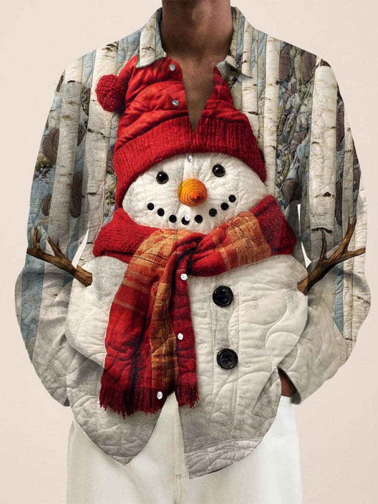 Cute Snowman In Hat and Scarf Vintage Stripe Print Long Sleeve Shirt