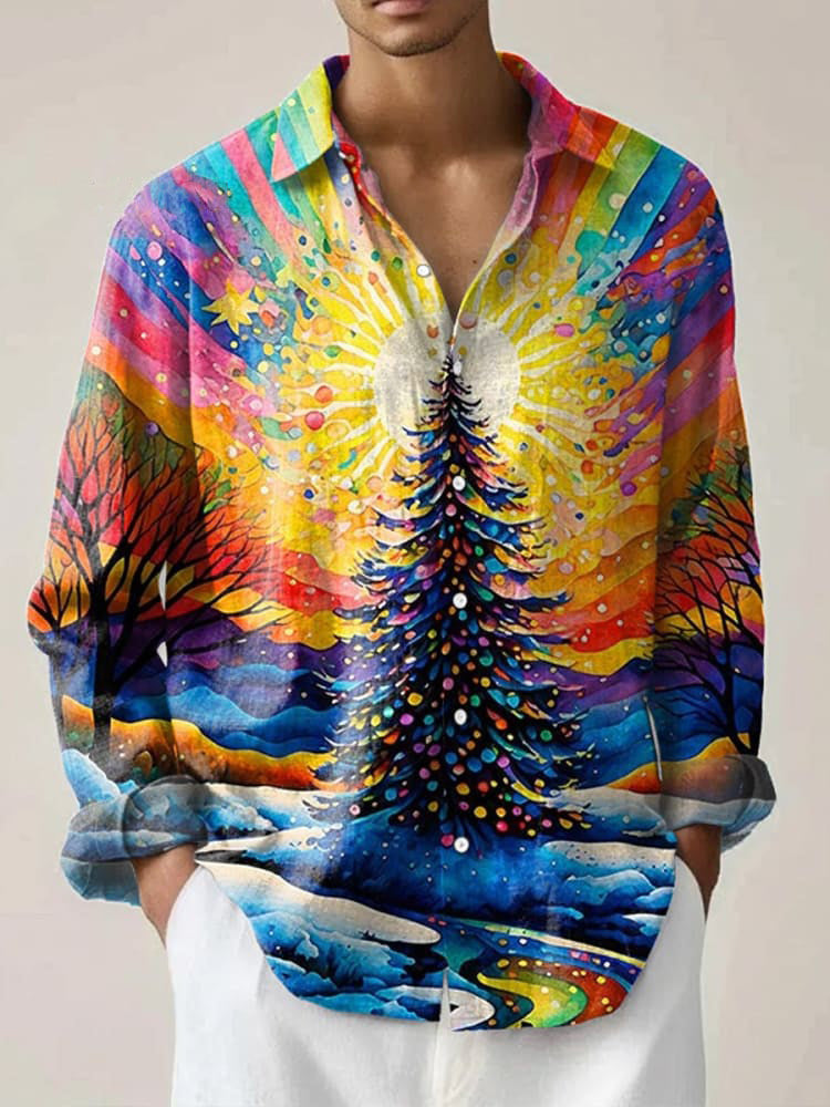 Colorful Christmas Tree Vintage Stripes Print Long Sleeve Shirt