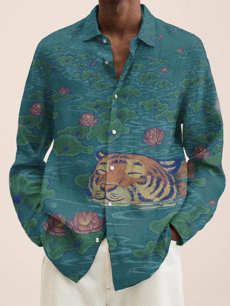 Vintage Japanese River Tiger Print Long Sleeve Shirt