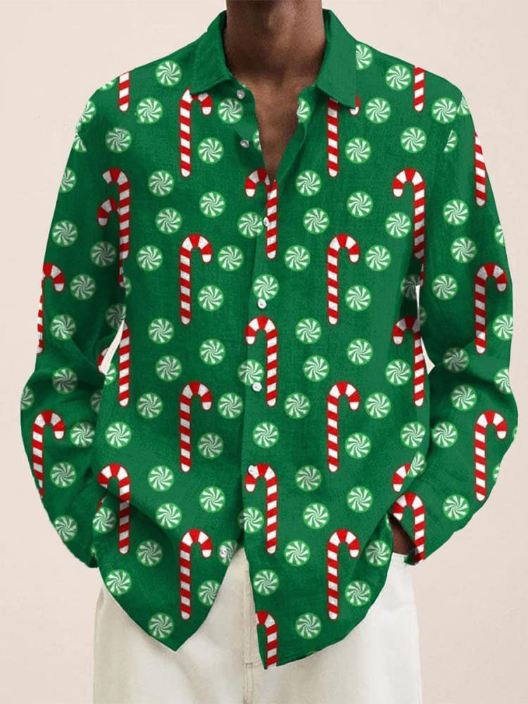 Retro Christmas Green Candy Cane Art Print Long Sleeve Shirt