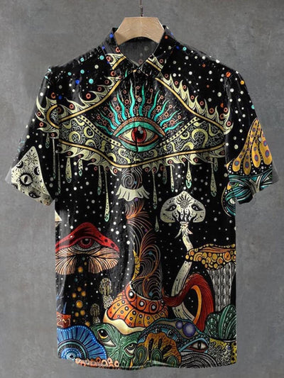 Vintage Psychedelic Eyes Mushroom Art Print Casual  Shirt