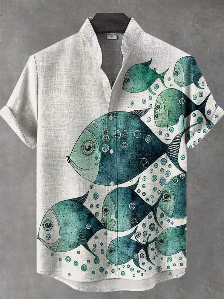 Vintage Fish Art Print Casual  Shirt