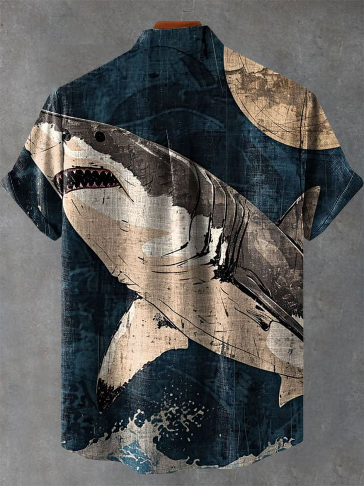 Vintage Giant Shark Art Print Casual  Shirt