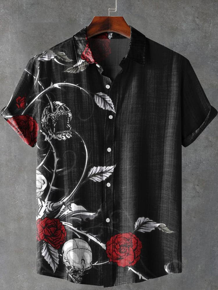 Vintage Mystical Gothic Skull Rose Printed Casual  Shirt