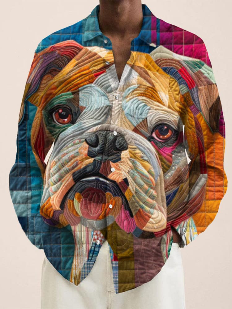 Colorful Collage Art Dog Vintage Stripe Print Long Sleeve Shirt