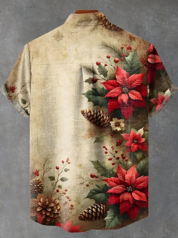 Vintage Christmas Flowers Print Casual Shirt