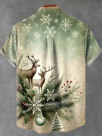 Vintage Christmas Flowers Elk Print Casual Shirt