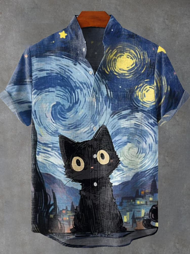 Cute Animal Black Cat Van Gogh Starry Sky Art Vintage Print Casual  Shirt