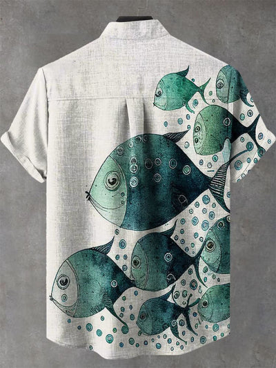 Vintage Fish Art Print Casual  Shirt