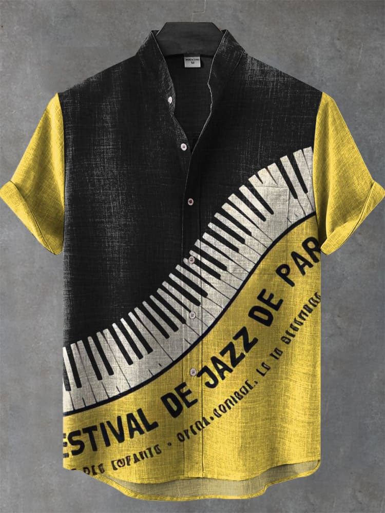 Vintage Color Block Piano Pattern Art Print Casual  Shirt