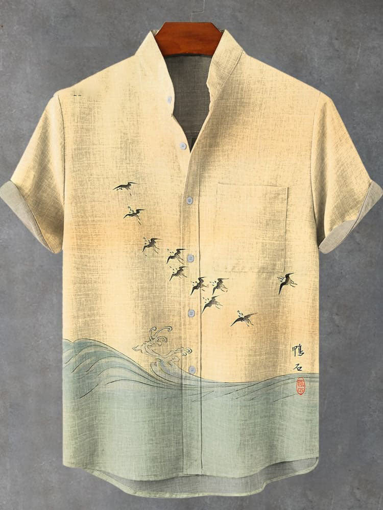 Retro Waves Seabirds Japanese Art Graphic Vintage Print Casual  Shirt