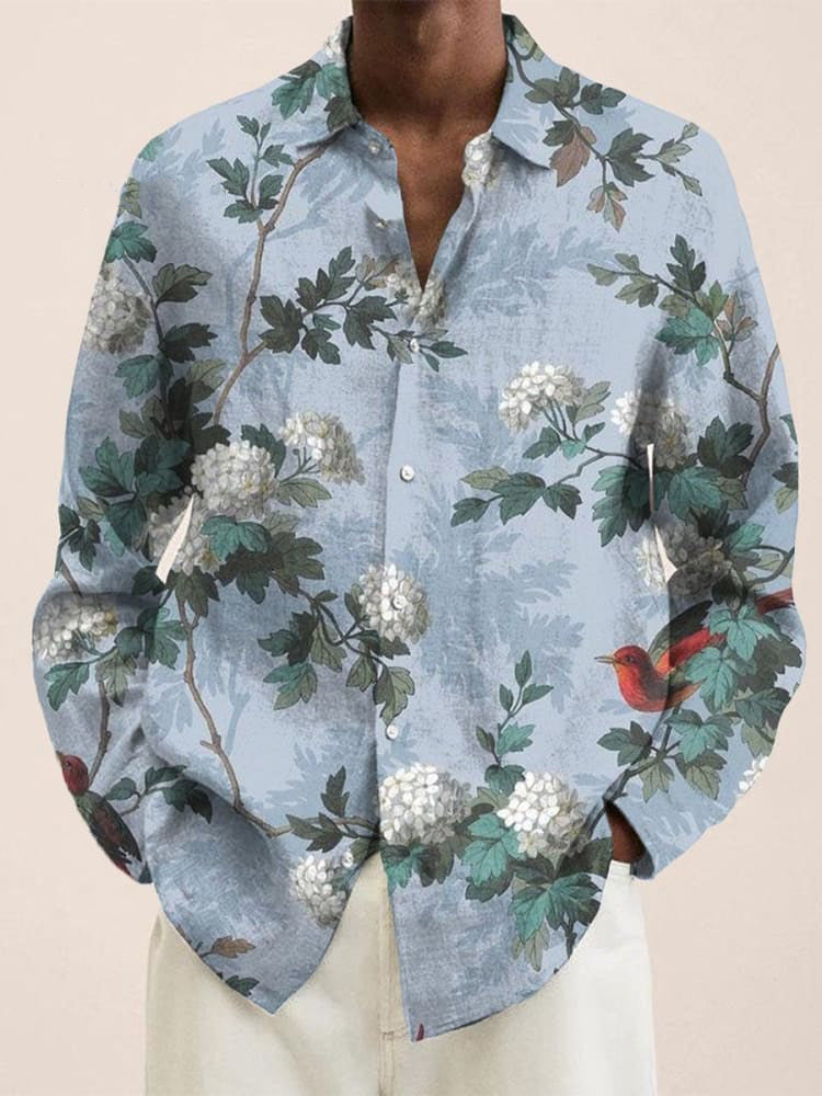 Men's Vintage Flowers and Birds Branches Print  Long Sleeve Shirt