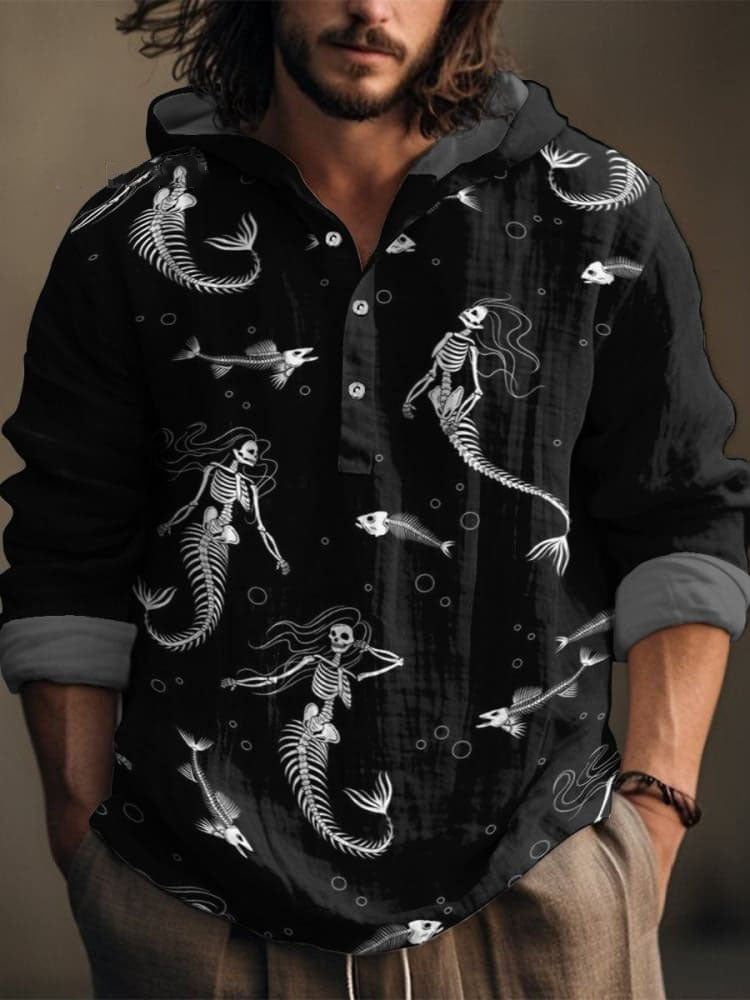 Mermaid Skeletons Vintage Print Casual  Shirt