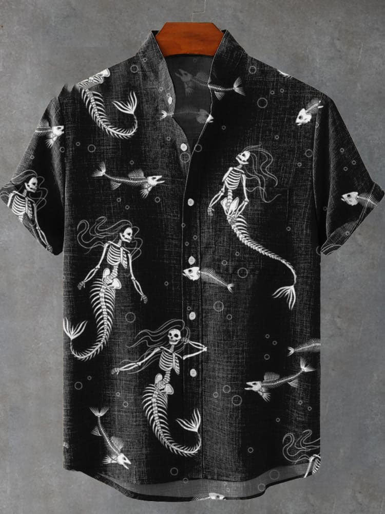 Mermaid Skeletons Vintage Print Casual  Shirt