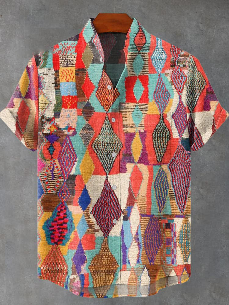 Retro Geometric Irregular Ethnic Style Vintage Print Casual  Shirt