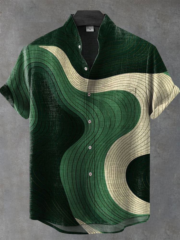 Vintage Green Color Block Wave Art Print Casual  Shirt