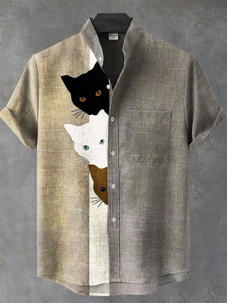 Vintage Funny Black Cat Art Print Casual  Shirt