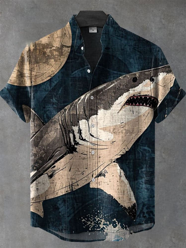 Vintage Giant Shark Art Print Casual  Shirt