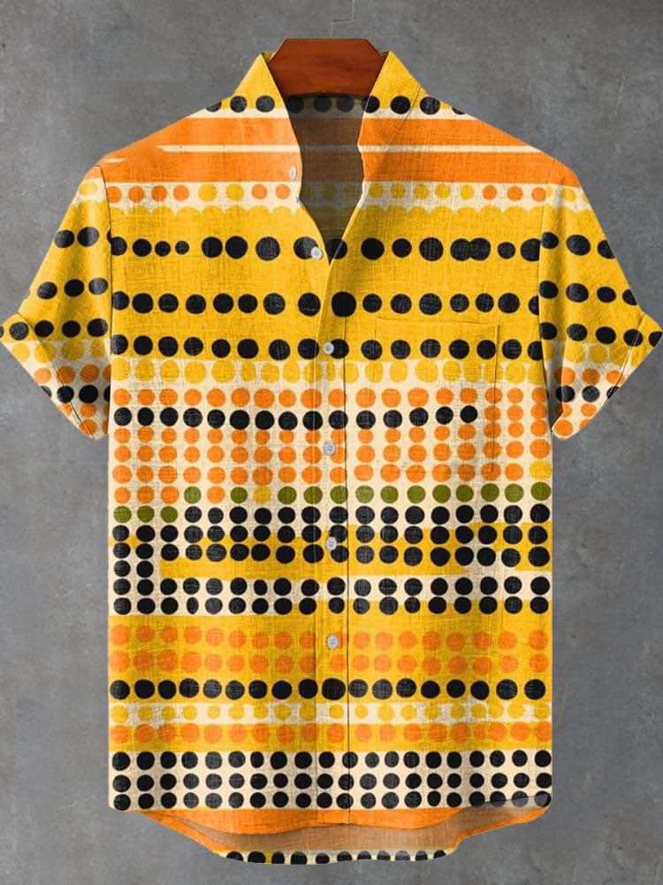 Yellow Dotted Geometry Vintage Print Casual  Shirt