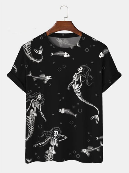 Mermaid Skeletons Vintage Print Casual  Shirt