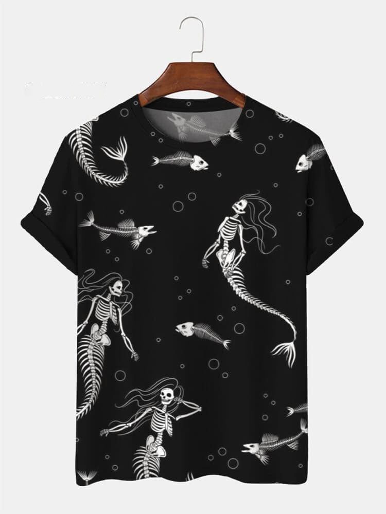 Mermaid Skeletons Vintage Print Casual  Shirt